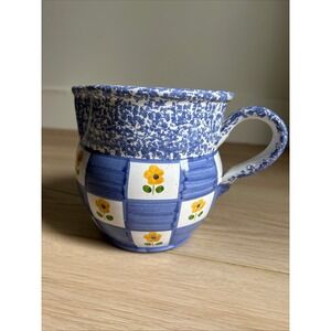 Pottery Blue & White Checkerboard Pitcher 6" Tall Himark Made in Portugal Spring